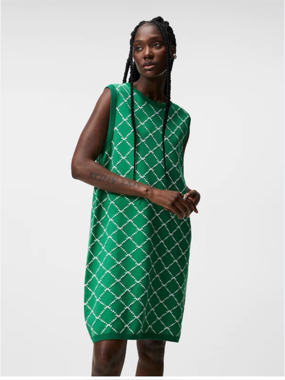 J. Lindeberg Fiona Knitted Green and white Sleeveless Diamond-Pattern Dress